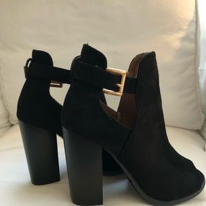Black suede booties with open toes-NWOT